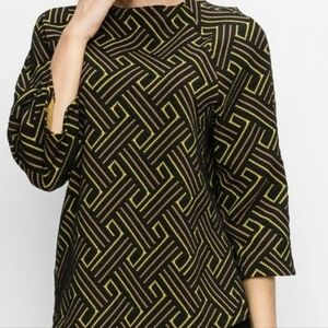 W5 Black and Yellow Geometric Maze Print Bell Sleeve High Neck Tunic Top - Size